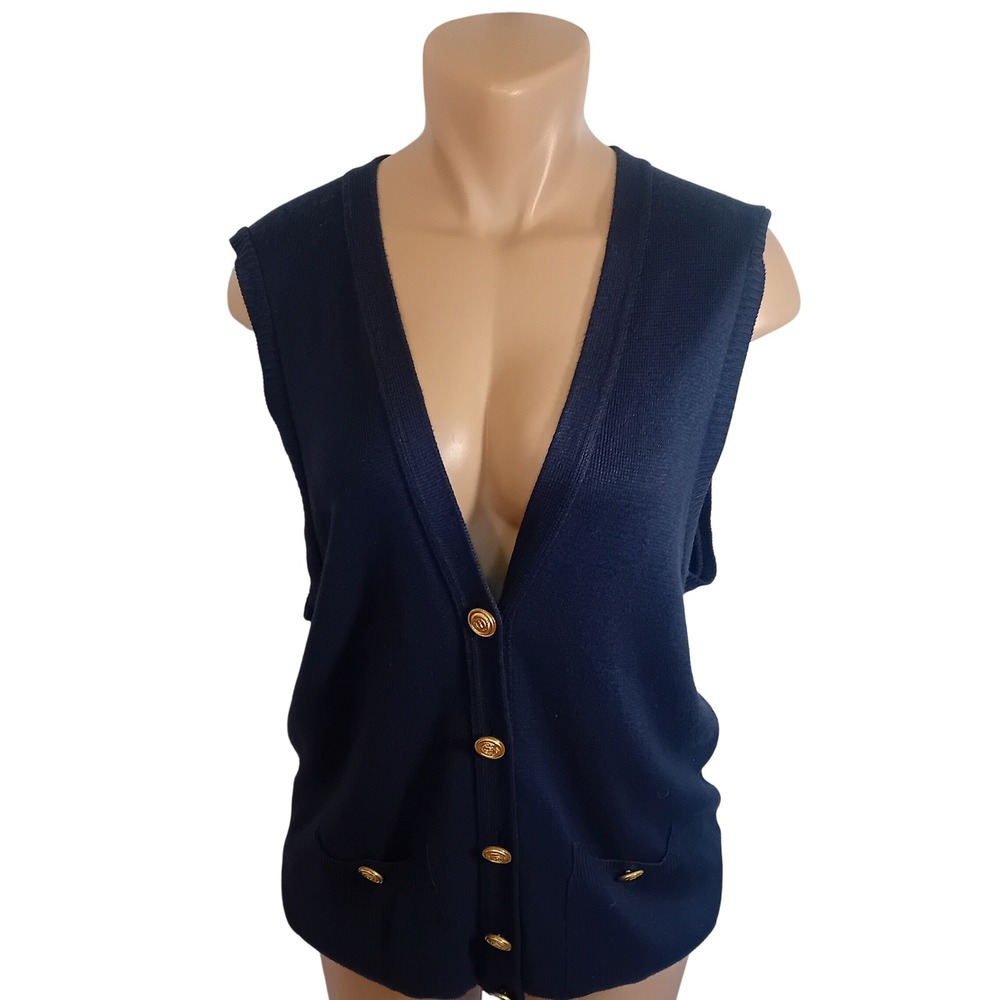 Vintage 80s Liz Claiborne Collection Vest Navy Sleeveless Gold Buttons Knit M